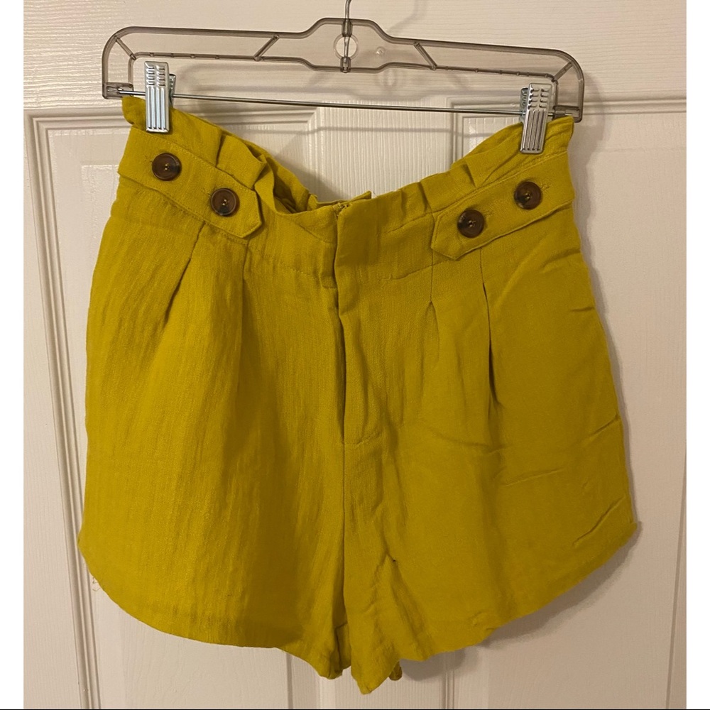 Yellow Linen High Waist Paperbag Shorts